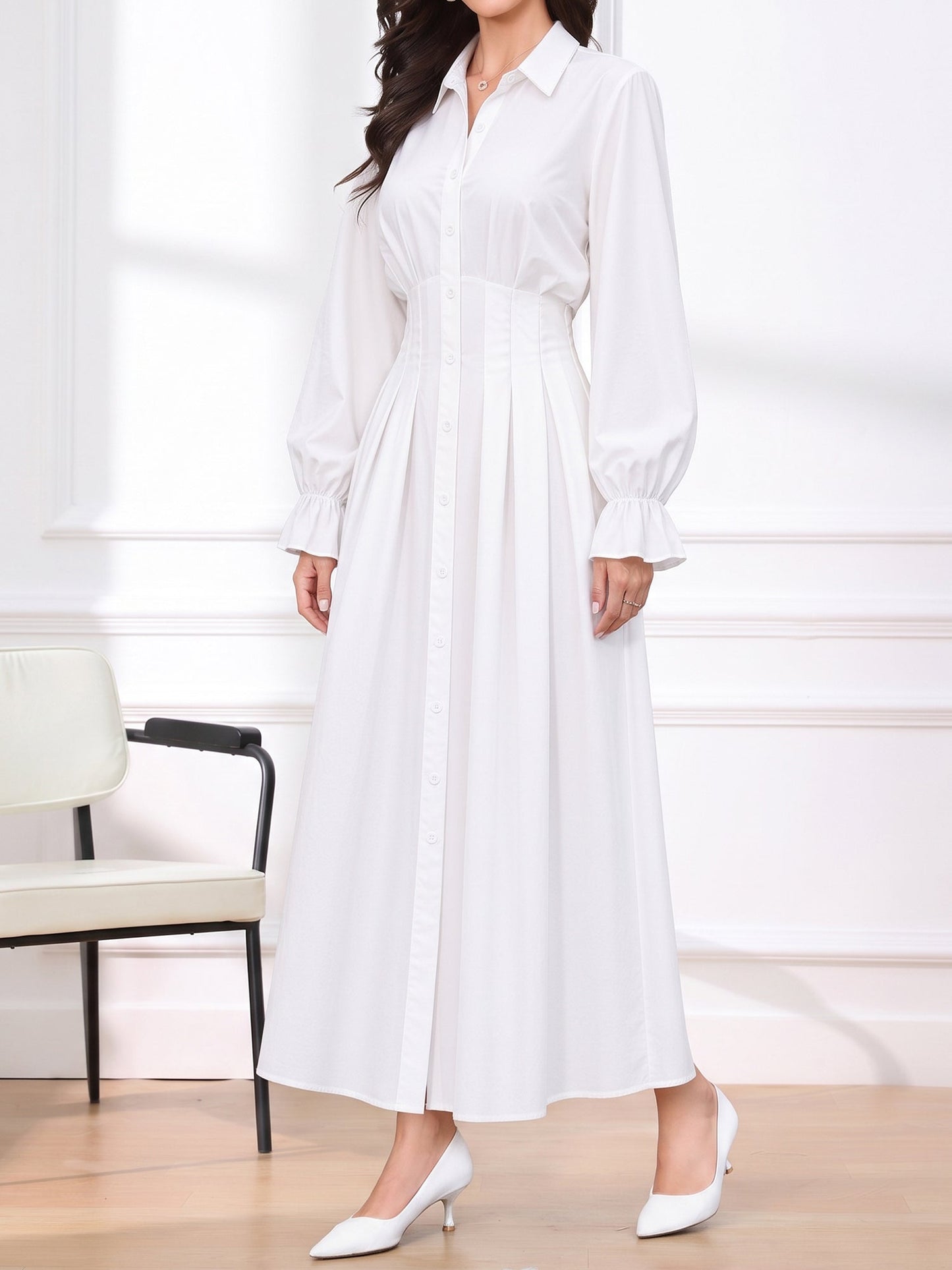 Long Sleeve Pleated Waist-Cinching Shirt Dress