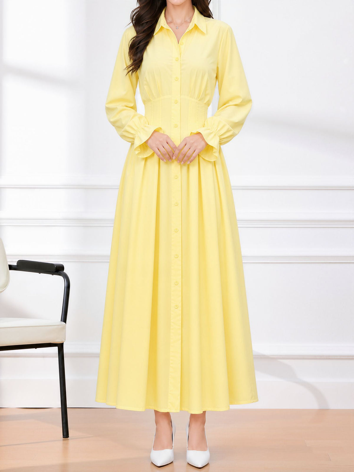 Long Sleeve Pleated Waist-Cinching Shirt Dress