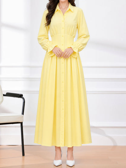 Long Sleeve Pleated Waist-Cinching Shirt Dress