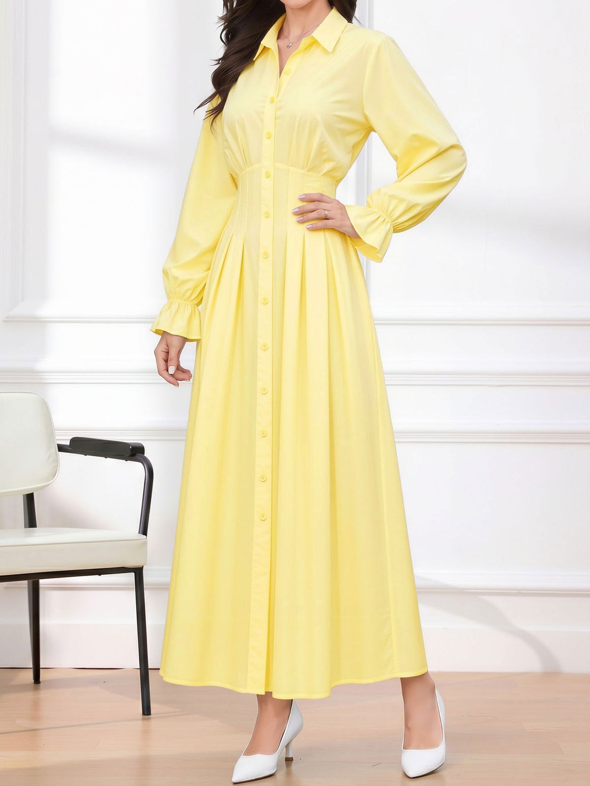 Long Sleeve Pleated Waist-Cinching Shirt Dress