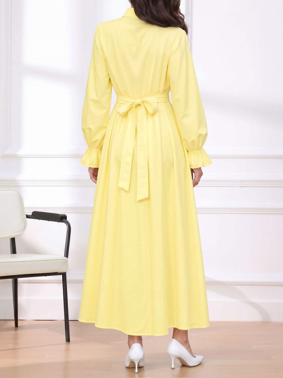 Long Sleeve Pleated Waist-Cinching Shirt Dress