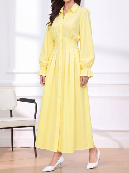 Long Sleeve Pleated Waist-Cinching Shirt Dress