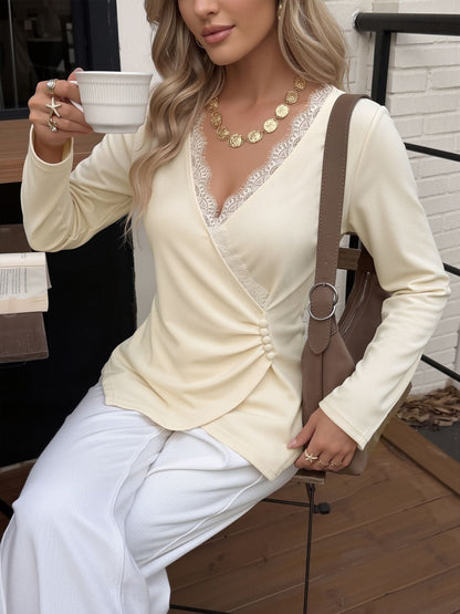 Lace Asymmetrical Hem Solid Color Long Sleeve Top