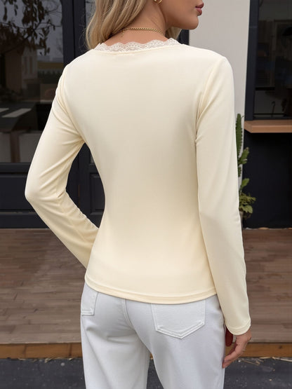 Lace Asymmetrical Hem Solid Color Long Sleeve Top
