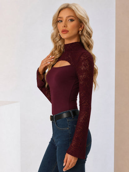 Lace Mock Neck Cut Out Long Sleeves Sheer Blouse
