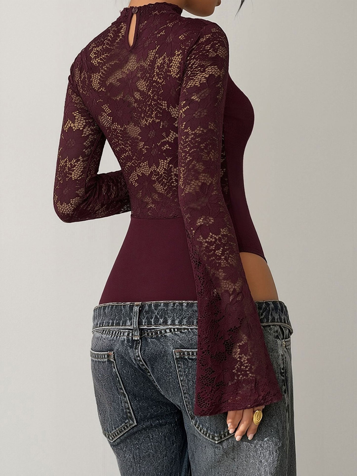 Lace Mock Neck Cut Out Long Sleeves Sheer Blouse
