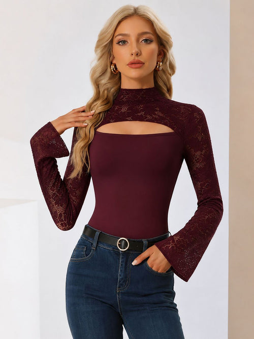 Lace Mock Neck Cut Out Long Sleeves Sheer Blouse