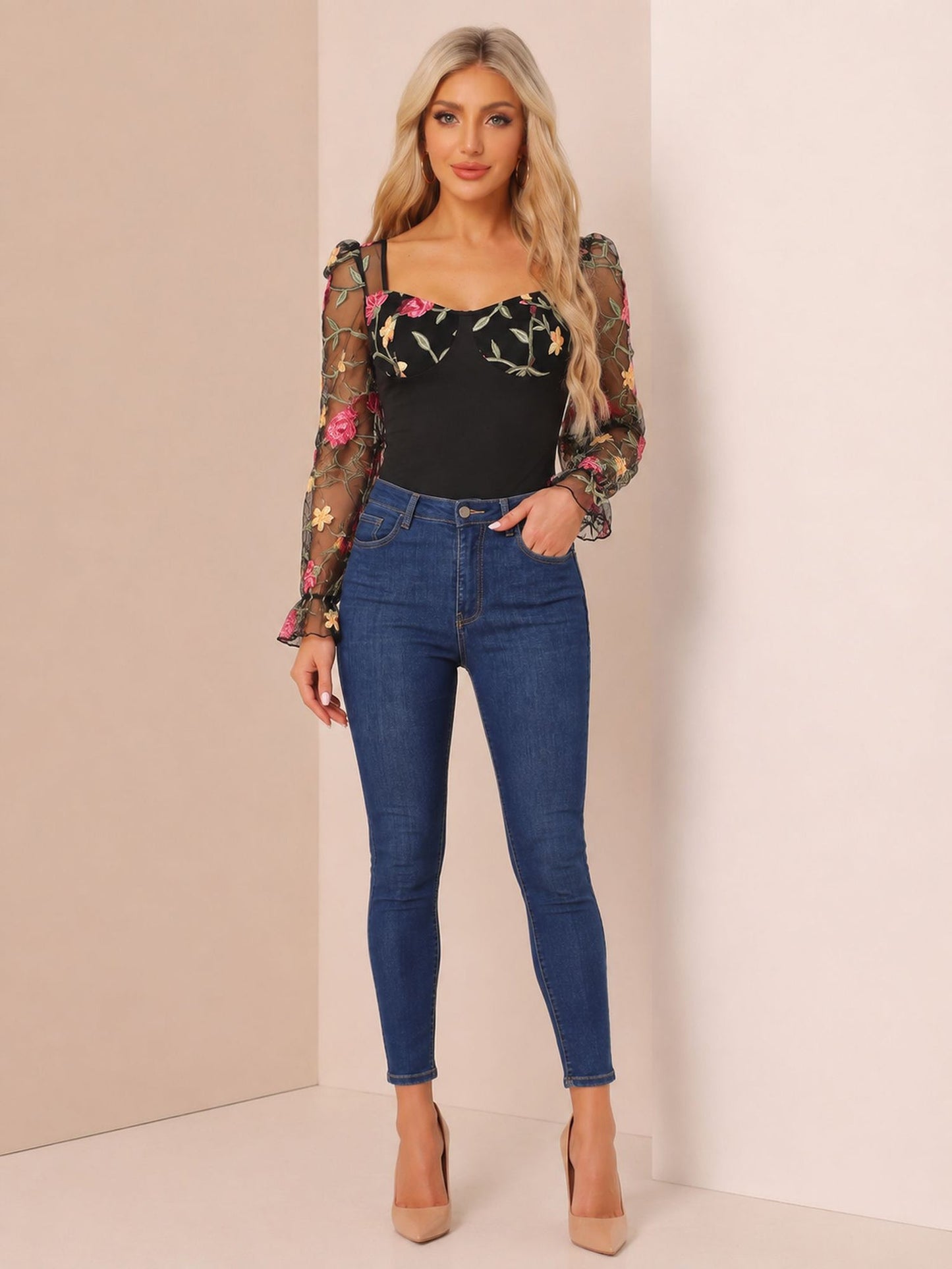 Floral Embroidered Mesh Sheer Puff Sleeves Bodysuit