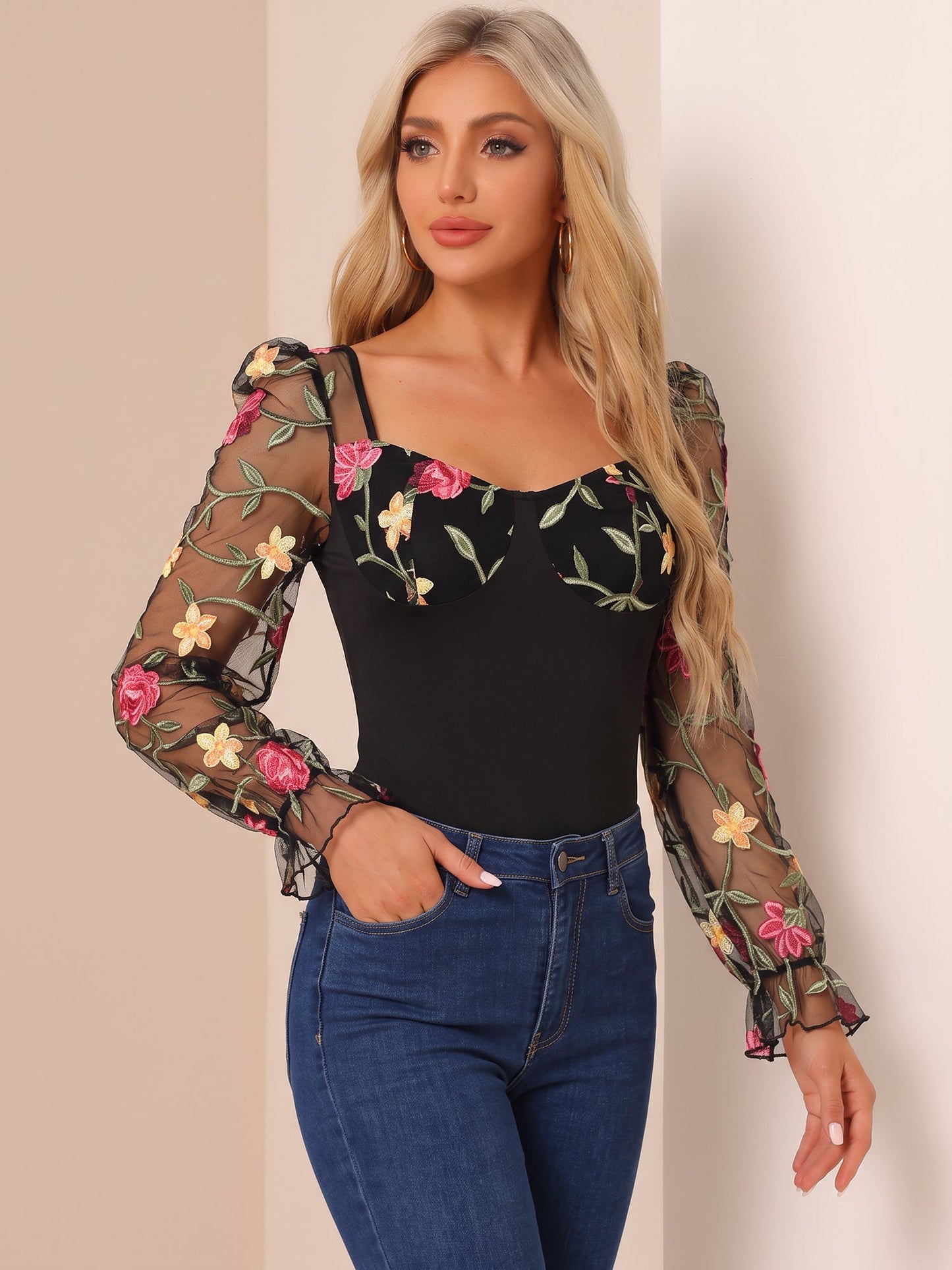 Floral Embroidered Mesh Sheer Puff Sleeves Bodysuit
