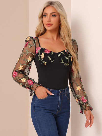 Floral Embroidered Mesh Sheer Puff Sleeves Bodysuit