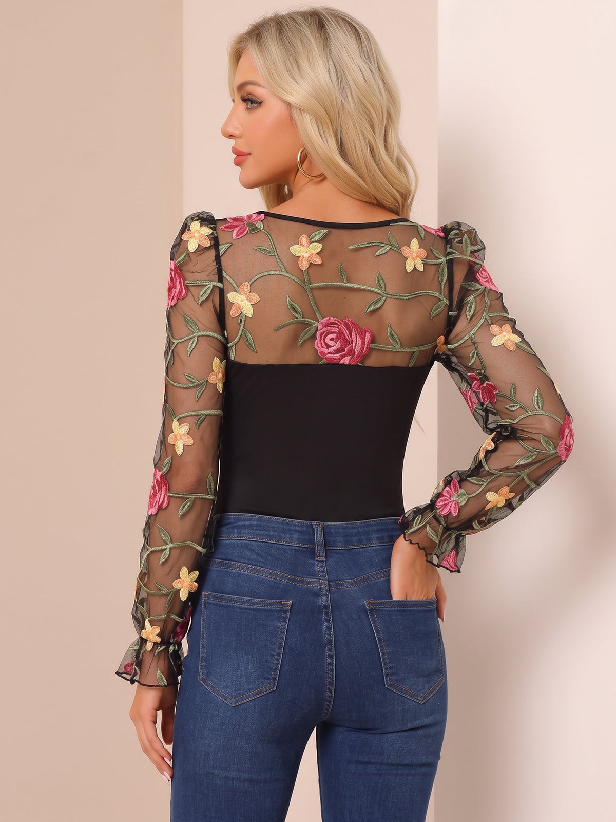 Floral Embroidered Mesh Sheer Puff Sleeves Bodysuit