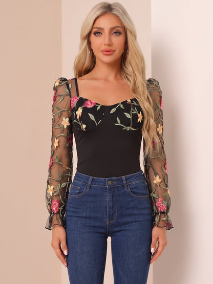 Floral Embroidered Mesh Sheer Puff Sleeves Bodysuit