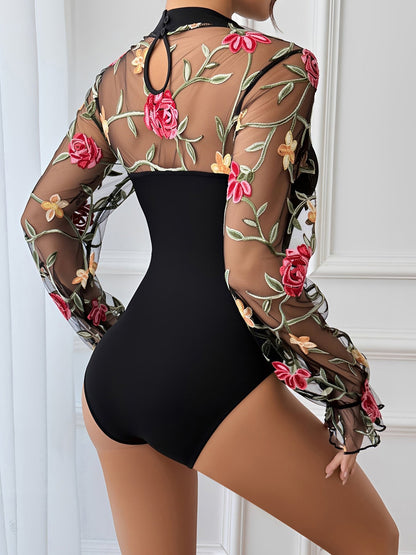 Floral Embroidered Mesh Long Sleeves Sheer Bodysuit
