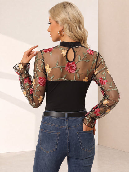 Floral Embroidered Mesh Long Sleeves Sheer Bodysuit