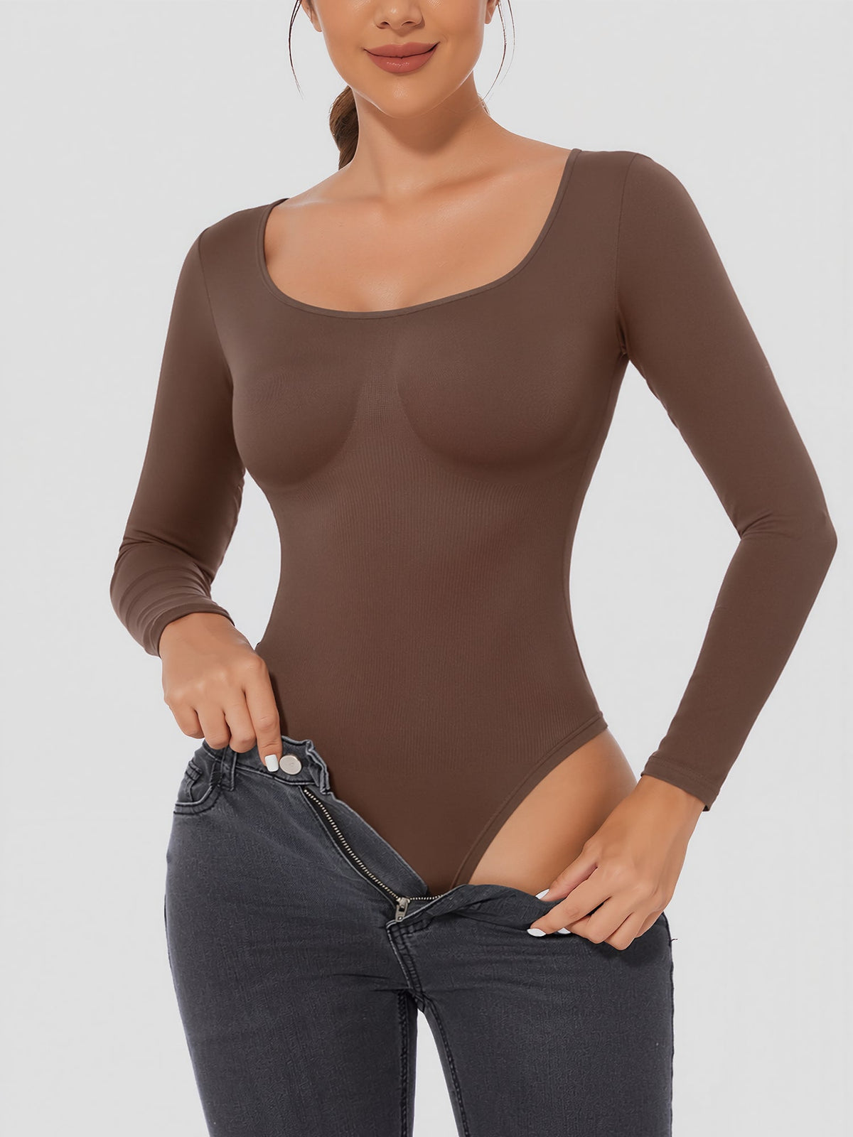 U Neck Long Sleeves Seamless Basic Bodysuit