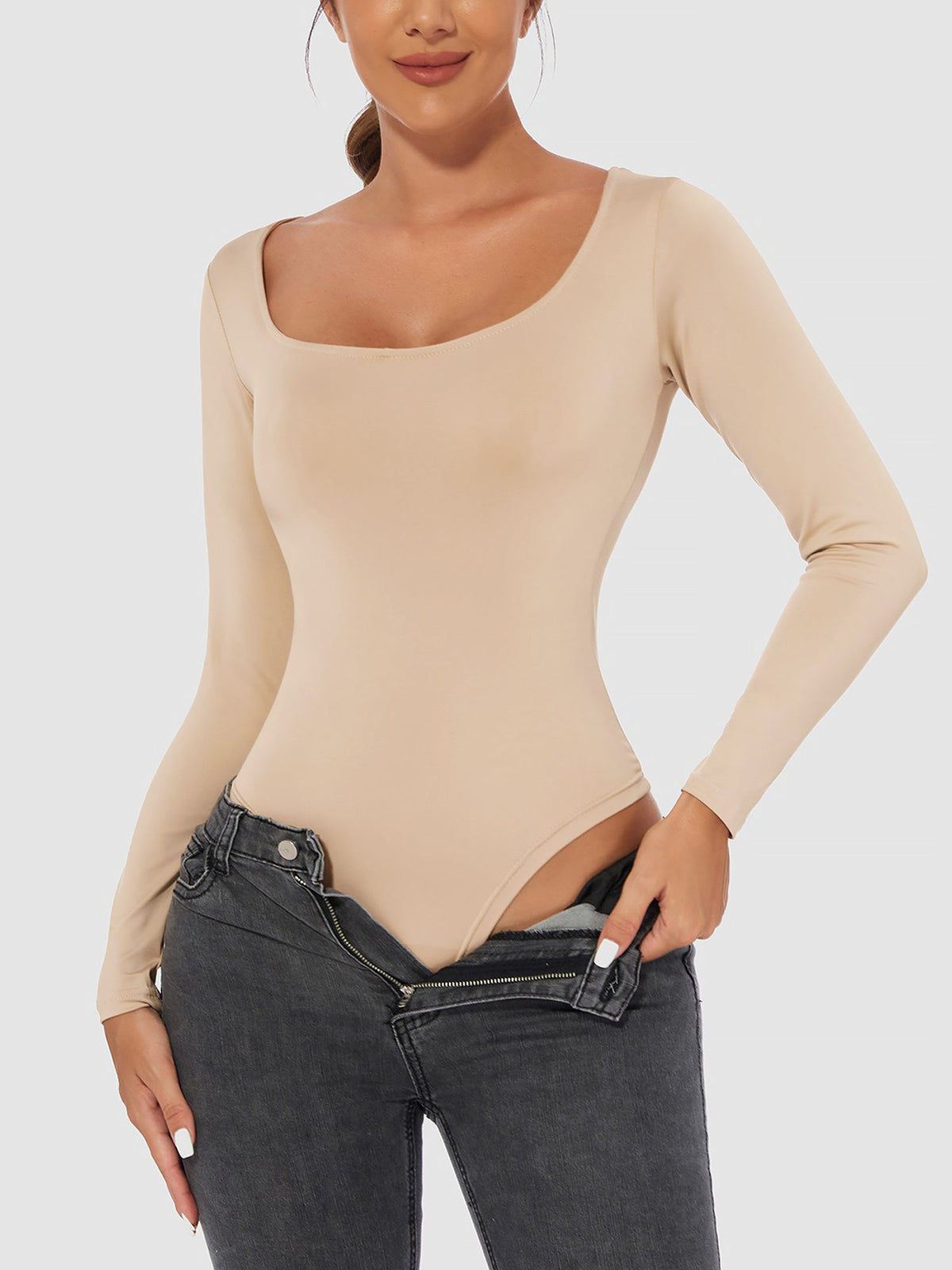 Solid Color Long Sleeves U Neck Casual Bodysuit