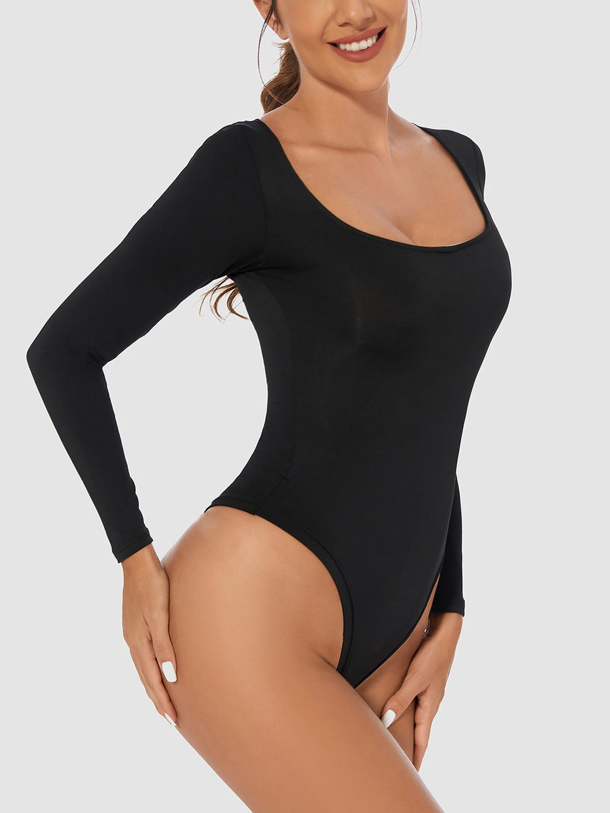Solid Color Long Sleeves U Neck Casual Bodysuit