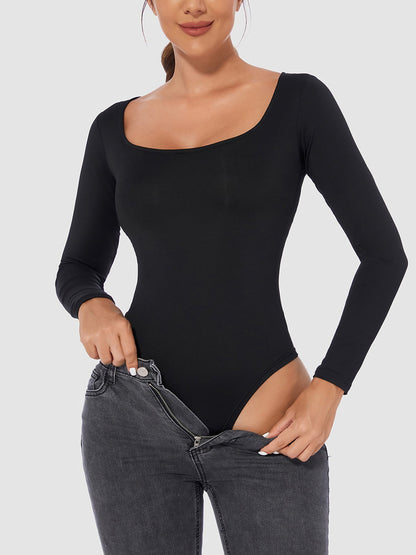Solid Color Long Sleeves U Neck Casual Bodysuit