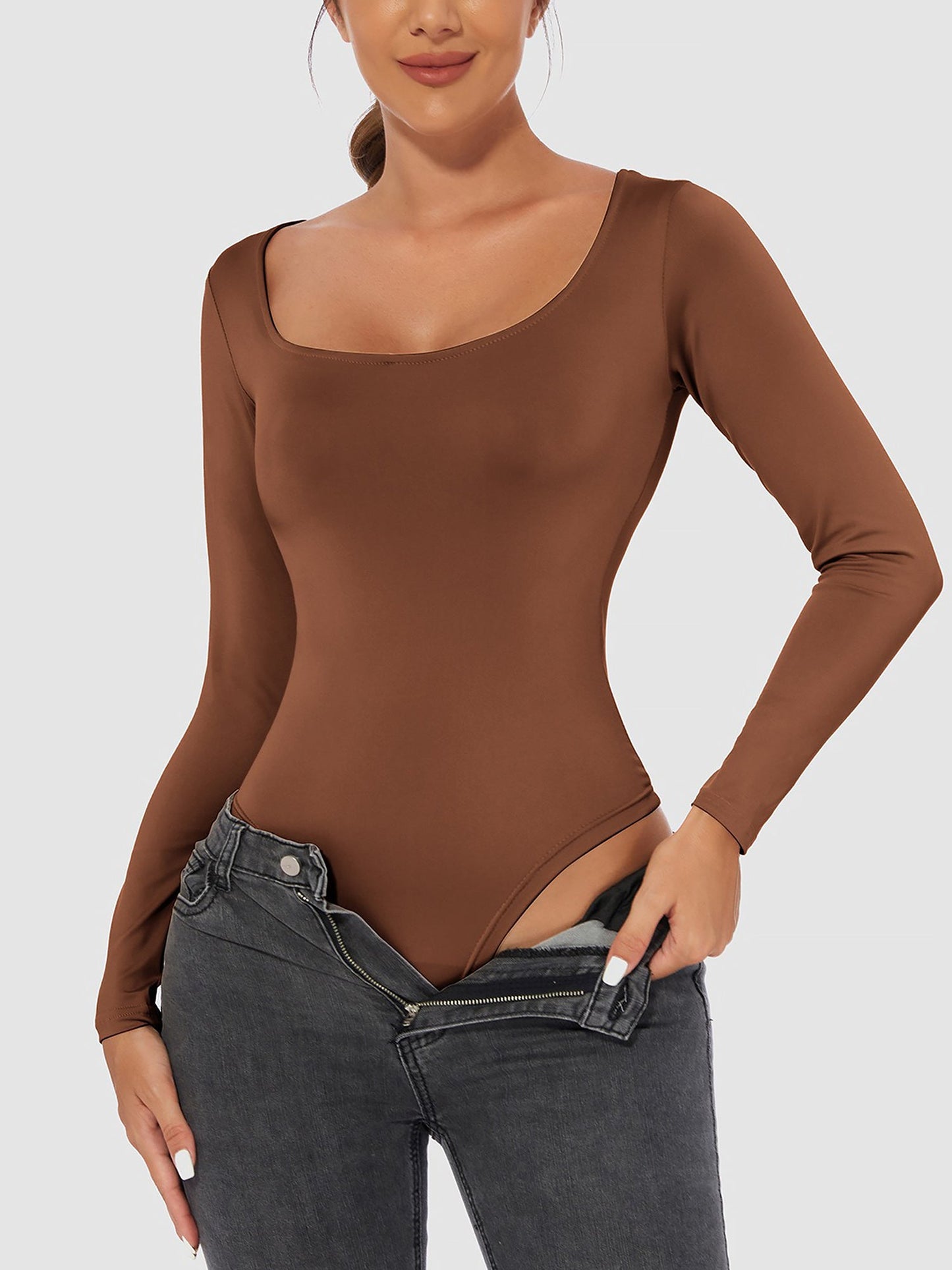 Solid Color Long Sleeves U Neck Casual Bodysuit