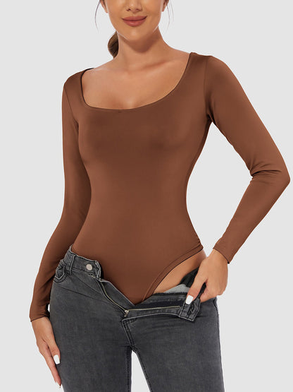 Solid Color Long Sleeves U Neck Casual Bodysuit