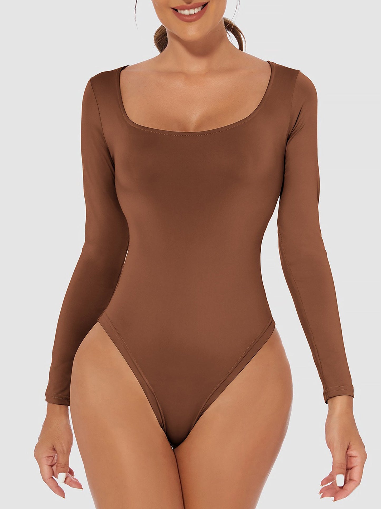 Solid Color Long Sleeves U Neck Casual Bodysuit