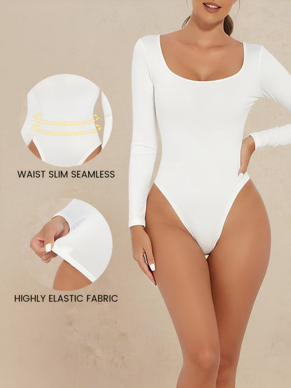 Solid Color Long Sleeves U Neck Casual Bodysuit