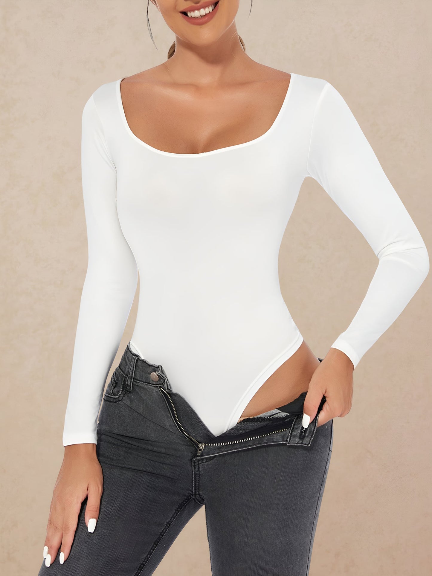 Solid Color Long Sleeves U Neck Casual Bodysuit