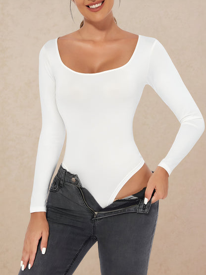 Solid Color Long Sleeves U Neck Casual Bodysuit