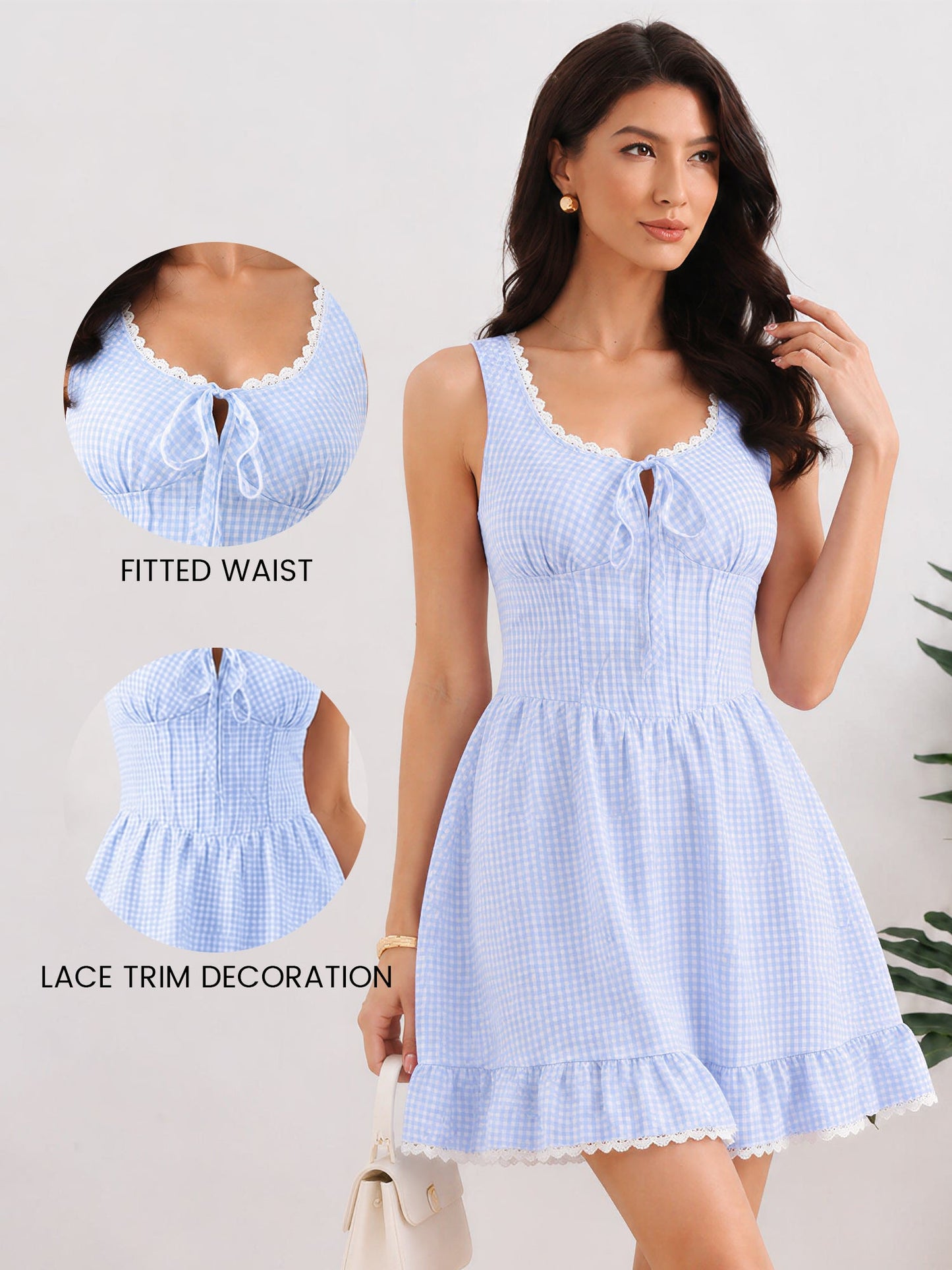 Gingham Sleeveless Lace-Up Ruffled Mini A-Line Dress