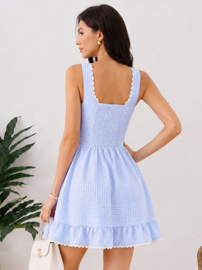 Gingham Sleeveless Lace-Up Ruffled Mini A-Line Dress