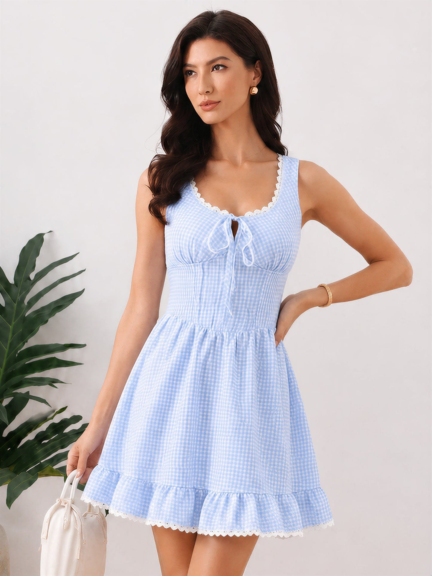 Gingham Sleeveless Lace-Up Ruffled Mini A-Line Dress