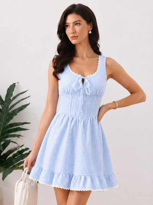 Gingham Sleeveless Lace-Up Ruffled Mini A-Line Dress