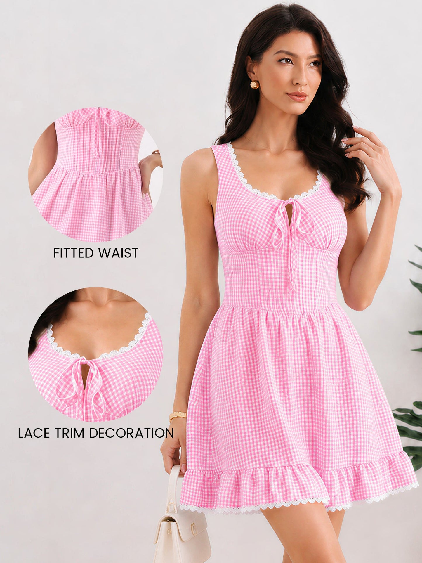 Gingham Sleeveless Lace-Up Ruffled Mini A-Line Dress