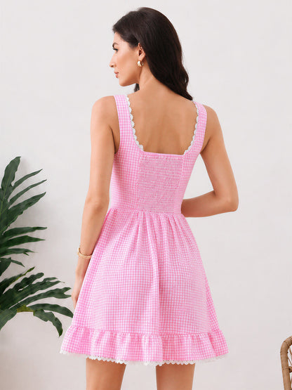 Gingham Sleeveless Lace-Up Ruffled Mini A-Line Dress
