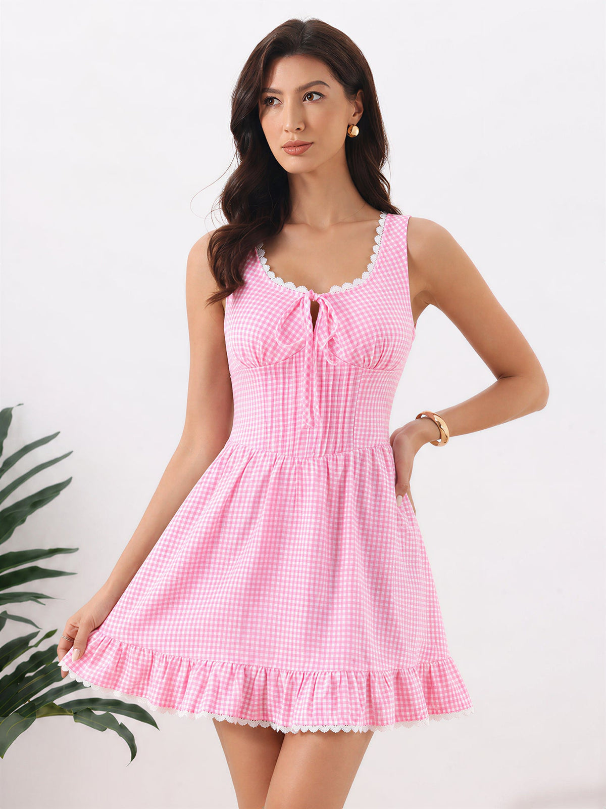 Gingham Sleeveless Lace-Up Ruffled Mini A-Line Dress