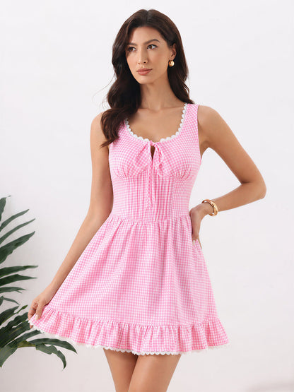 Gingham Sleeveless Lace-Up Ruffled Mini A-Line Dress