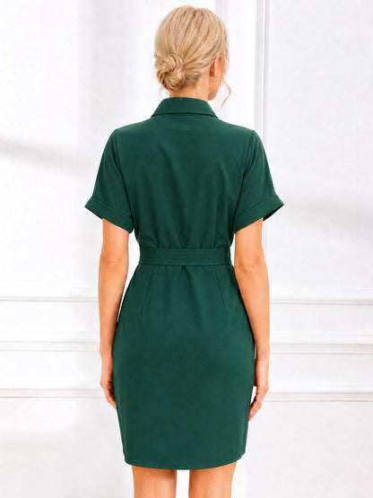 Short Sleeve Waist-Cinching Asymmetrical Shirt Dress
