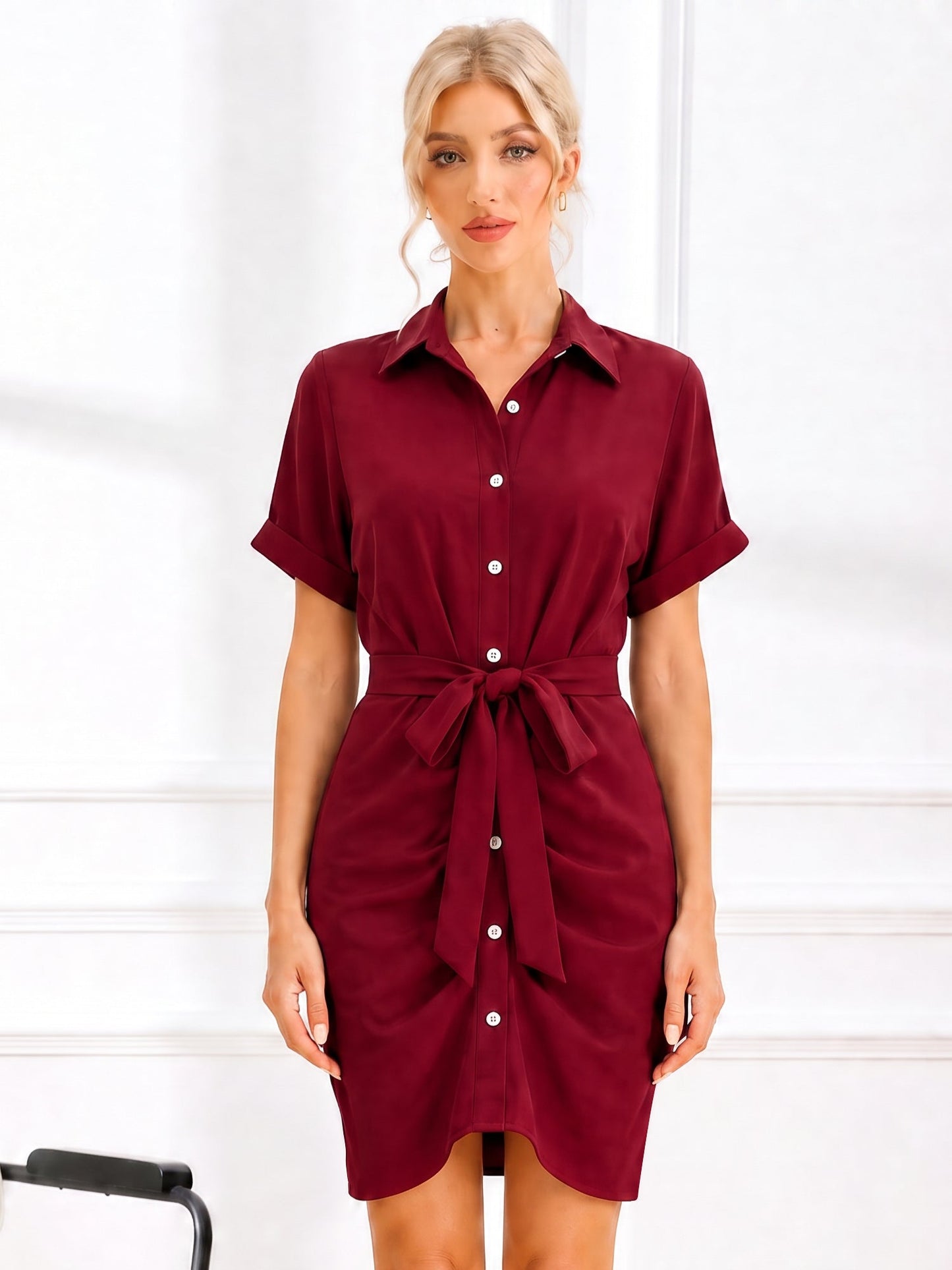 Short Sleeve Waist-Cinching Asymmetrical Shirt Dress