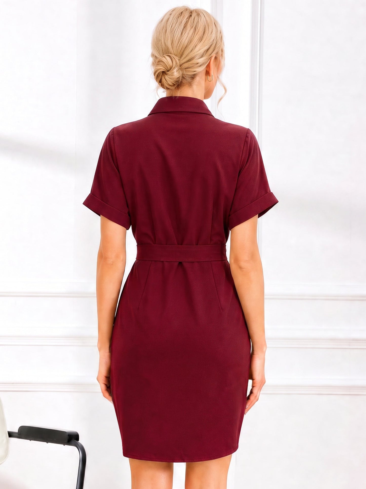 Short Sleeve Waist-Cinching Asymmetrical Shirt Dress