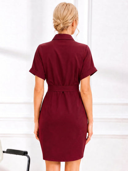 Short Sleeve Waist-Cinching Asymmetrical Shirt Dress