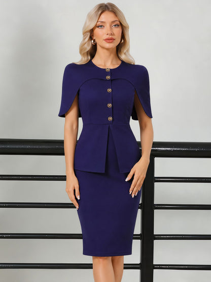 Fake Two Piece Midi Sheath Work Cloak Style Dress