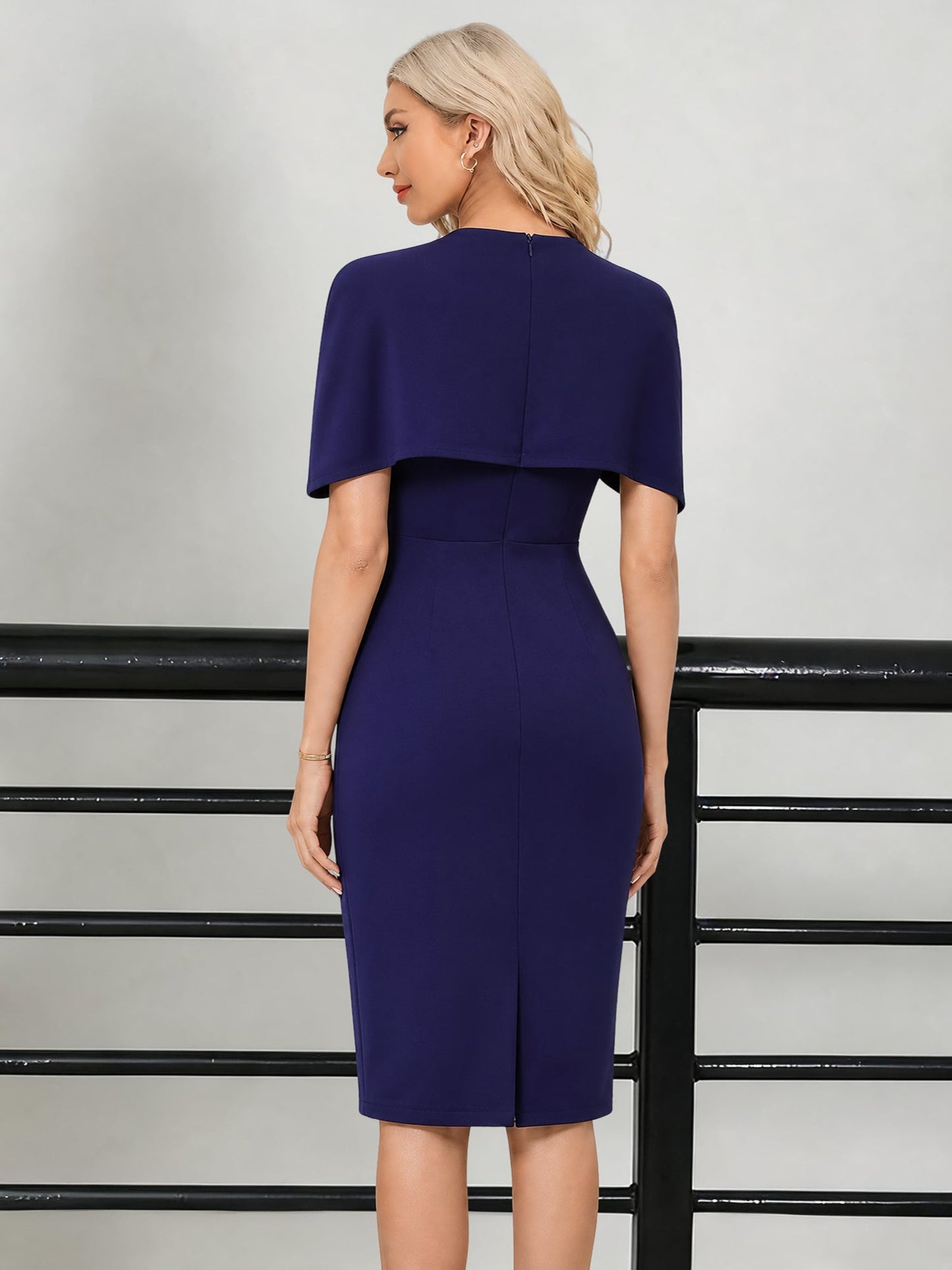 Fake Two Piece Midi Sheath Work Cloak Style Dress