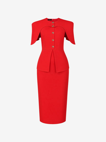 Fake Two Piece Midi Sheath Work Cloak Style Dress