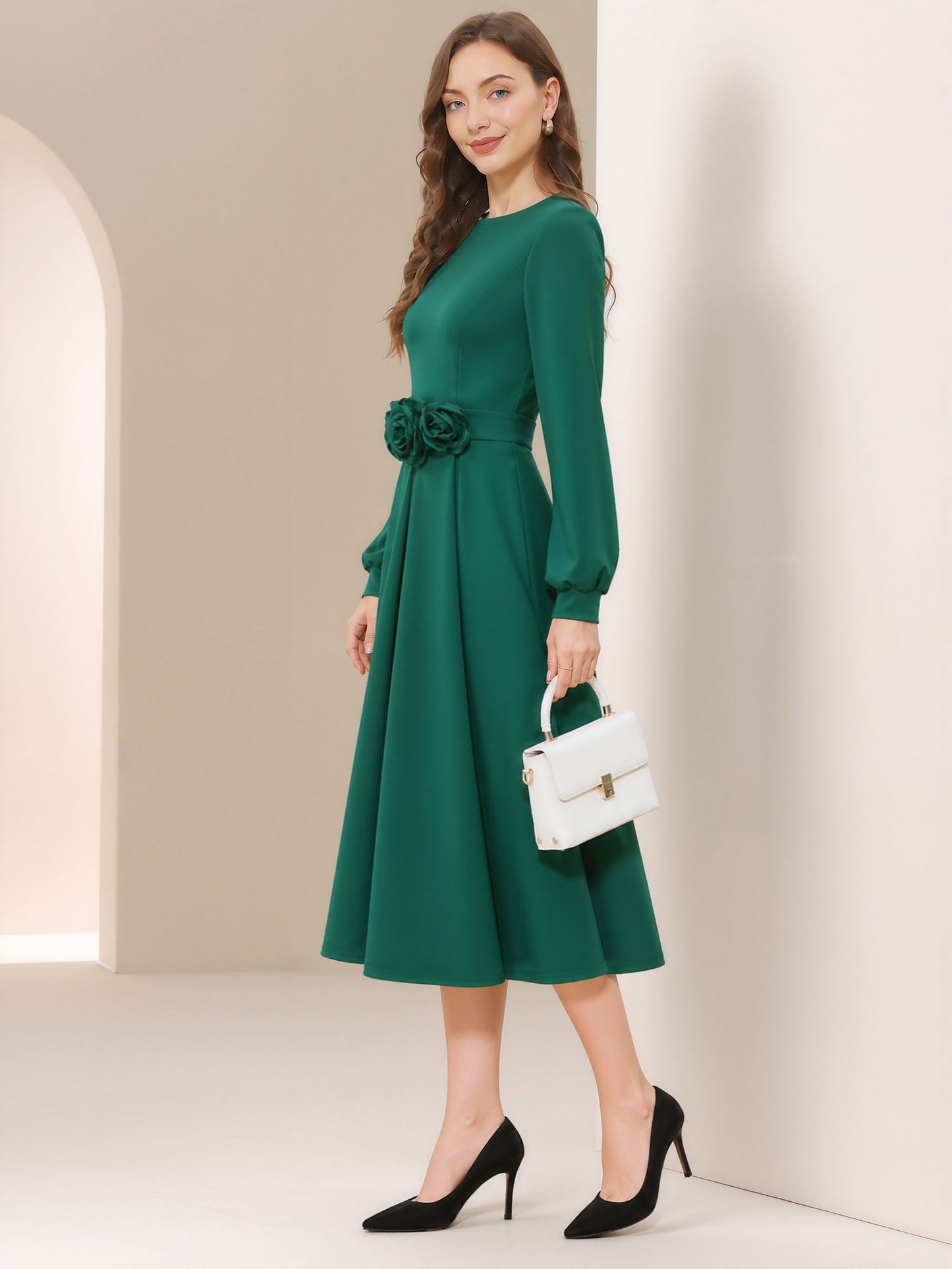 Flower Decor Lantern Sleeves A-Line Midi Dress