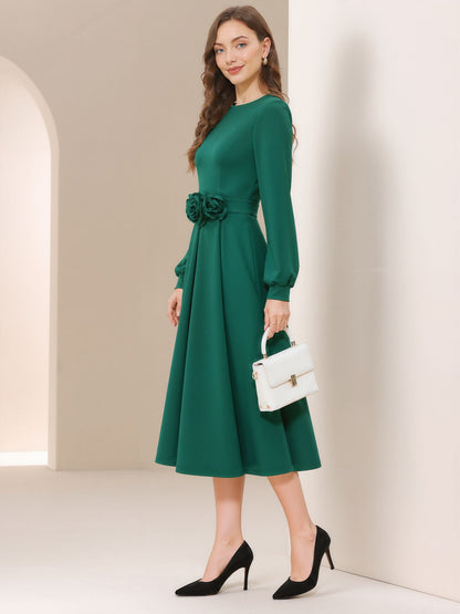 Flower Decor Lantern Sleeves A-Line Midi Dress