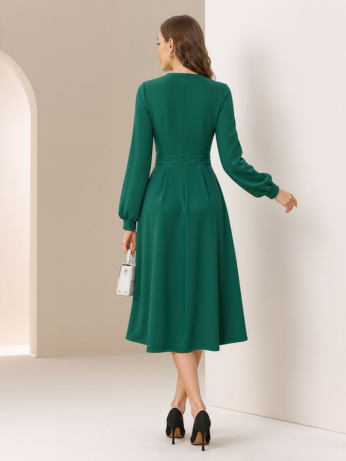 Flower Decor Lantern Sleeves A-Line Midi Dress
