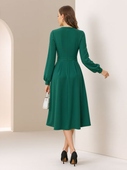 Flower Decor Lantern Sleeves A-Line Midi Dress