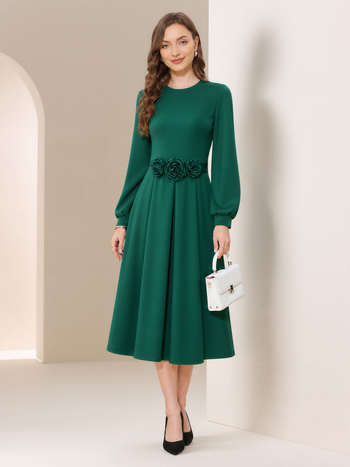 Flower Decor Lantern Sleeves A-Line Midi Dress