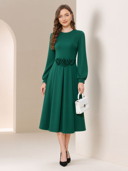 Flower Decor Lantern Sleeves A-Line Midi Dress