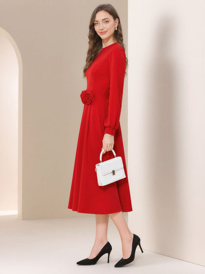 Flower Decor Lantern Sleeves A-Line Midi Dress